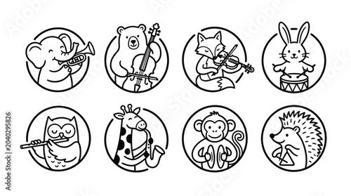 Photography Cute Animals Playing Musical Instruments Set - Vector Icons