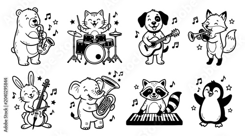 Cute cartoon animals playing musical instruments, set of illustrations for children