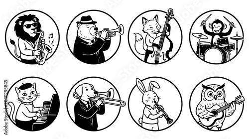 Картината върху платно Cartoon Animal Band Playing Music in Circles - Jazz, Rock, Classical Ensemble