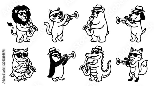 Cartoon Animal Band Playing Musical Instruments, Cute Animals with Saxophone and Trumpet