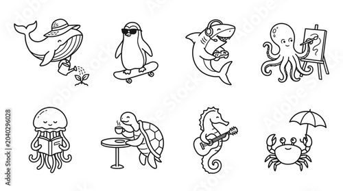 Photography Cute Cartoon Sea Creatures Set: Whale, Penguin, Shark, Octopus, Jellyfish, Turtl