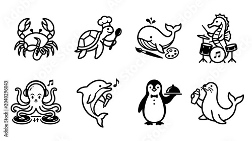 Photography Cute Cartoon Sea Creatures Collection: Crab, Turtle Chef, Whale Artist, Seahorse