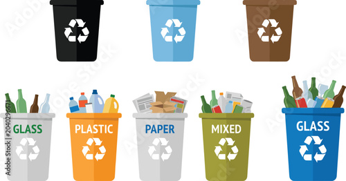 Foto Recycling Bin Collection Vector Illustration with Waste Sorting Containers for G