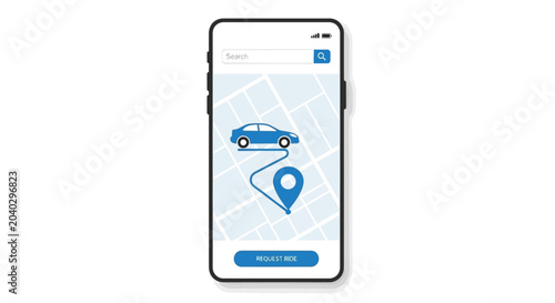 Smartphone displaying ride sharing application with map and request ride button