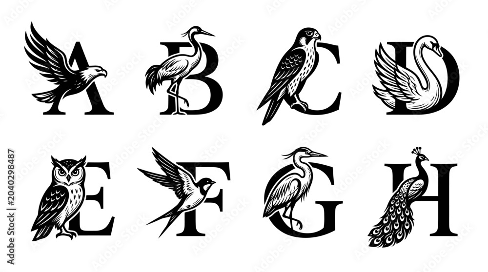 Fototapeta premium Elegant Alphabet Letters with Wildlife Birds Engraving Style Vector Graphics