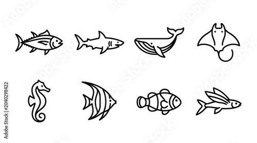 Photography Set of simple line art icons of marine animals, ocean life, underwater creatures