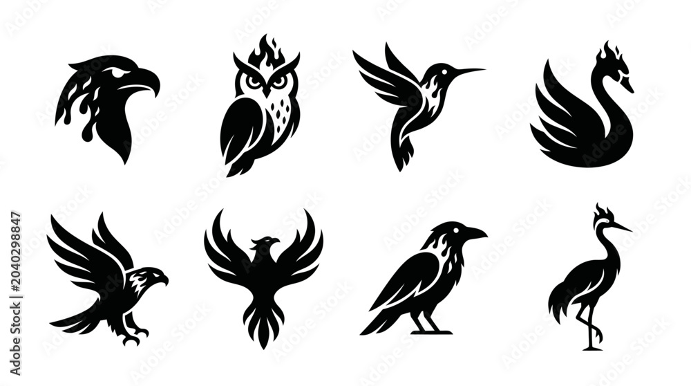 Obraz premium Set of Black Bird Silhouettes: Eagle, Owl, Hummingbird, Swan, Phoenix, Raven, Crane