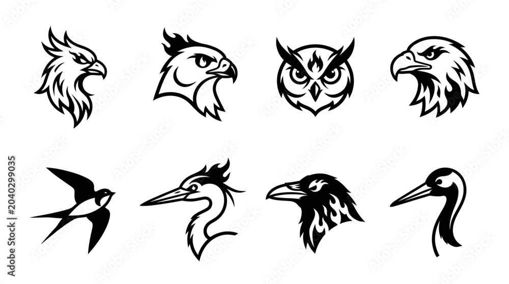 Fototapeta premium Collection of Bird Silhouettes: Eagles, Owl, Raven, Swallow, Crane, Heron