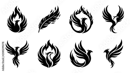 Принти на полотні Phoenix Bird Silhouette Collection: Fire, Rebirth, Mythical Creature Logo Icons