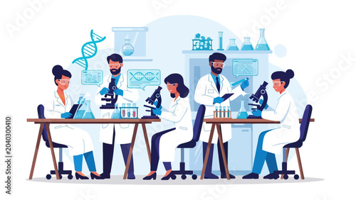 A diverse team of professional scientists collaborating on breakthrough medical and genetic research in a modern laboratory.