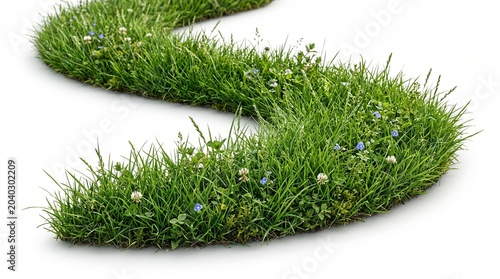 Green grass with small blue and white flowers on white background