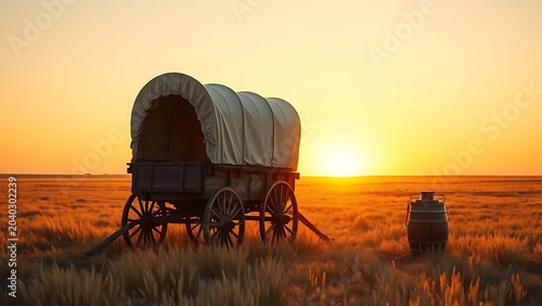 Covered wagon on golden prairie at sunset with barrel and lantern, pioneer heritage concept.