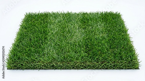 A vibrant green patch of artificial turf on a white background