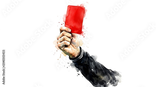 Artistic watercolor illustration of a hand holding up a red card, symbolizing a penalty or expulsion in sports.