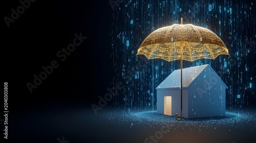 Glowing gold umbrella sheltering a miniature house from digital code rain