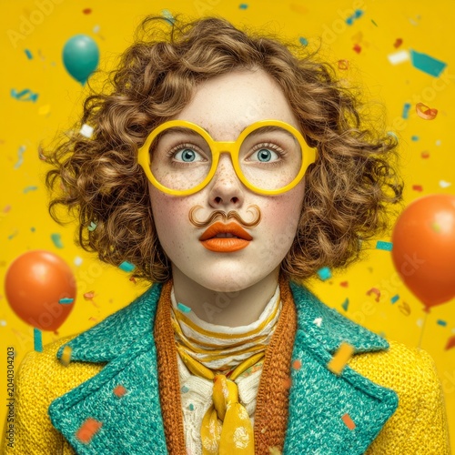 Cheerful celebration with silly mask and bright colors. Elegant