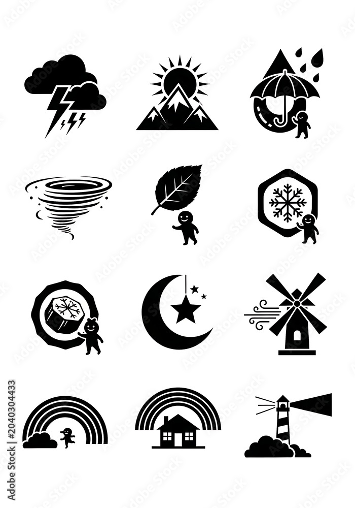 Fototapeta premium Weather phenomena and environmental icons with cute character