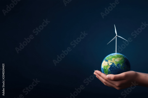 Renewable energy energy crisis clean energy wind turbine planet earth hand holding sustainable solutions green technology climate change Renewable
