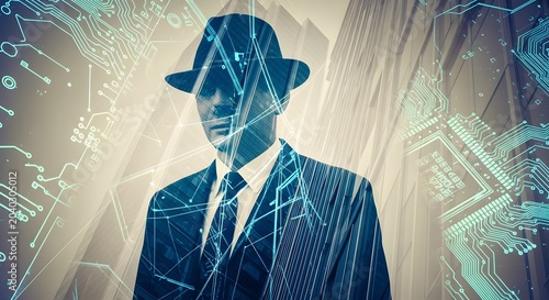 Intriguing silhouette of a man in a business suit and fedora, integrated with a digital circuit board overlay, representing advanced technology, cyber intelligence, and data security