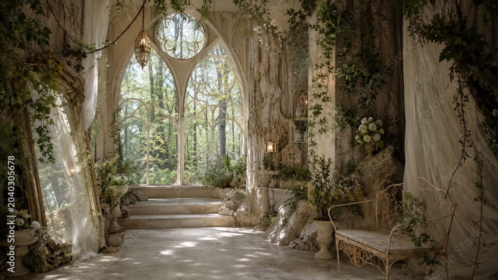 Fototapeta premium Enchanted Forest Interior with Gothic Windows and Lush Greenery