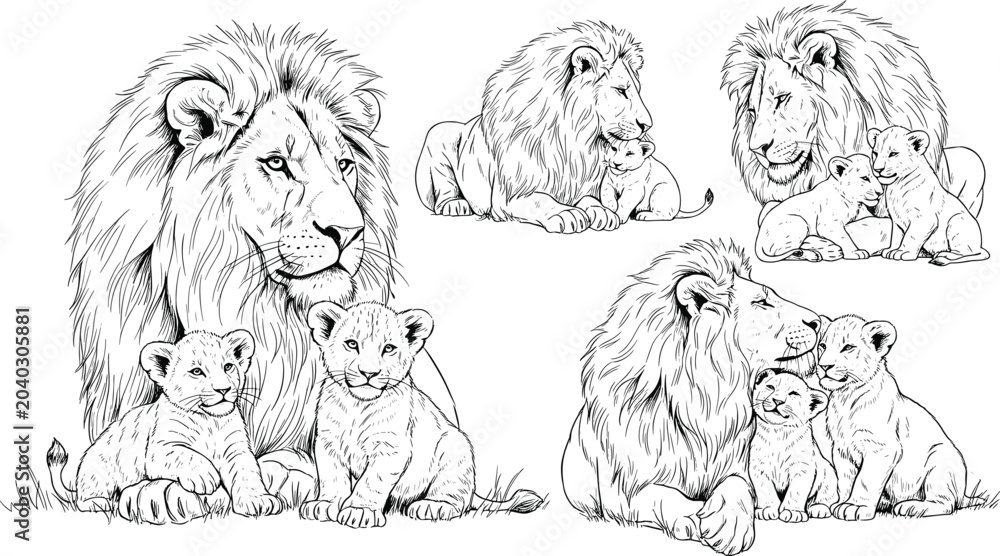 Obraz premium Lion and Cub Sketch Collection in Black and White for Animal, Family, and Wildlife Illustration Design