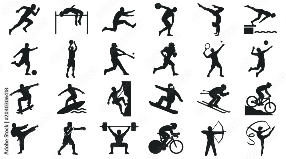 Fototapeta premium Dynamic collection of diverse sports athlete silhouettes, depicting a wide array of athletic activities and competitive actions for various disciplines
