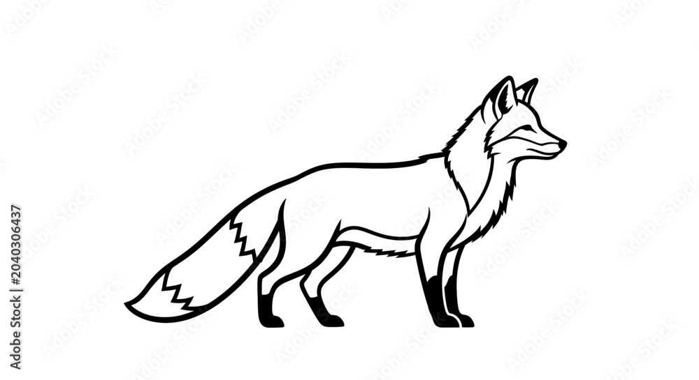 Fototapeta premium Minimalistic line art illustration of a wild fox standing in profile, simple black and white animal drawing for design