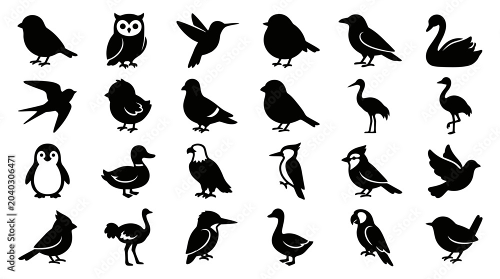 Obraz premium A collection of diverse bird silhouette icons, showcasing a variety of species from around the globe