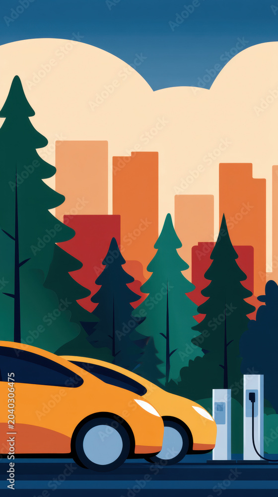 Fototapeta premium Electric car charging station city skyline forest renewable energy energy crisis solutions sustainable transport clean technology