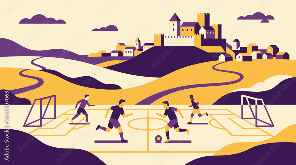 Naklejka premium Stylized illustration of a soccer game played in a picturesque village setting