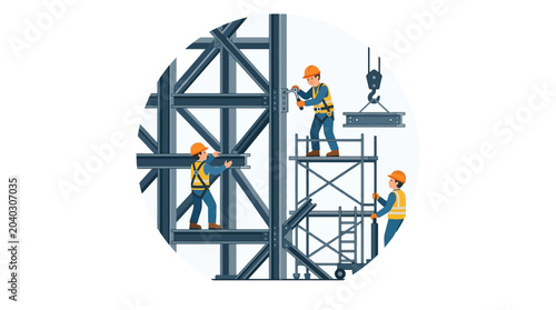 Fotografie Workers on construction scaffolding structure.