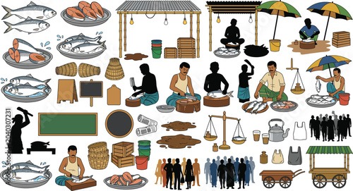 Cuadro en lienzo Traditional Fish Market Vector Collection Featuring Seafood Vendors, Rural Bazaar Scenes And Community Marketplace Lifestyle Elements