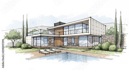 Foto Modern Architectural House Design Sketch with Swimming Pool.