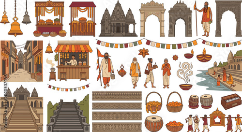 Obraz na płótnie Traditional Indian Heritage Vector Collection Featuring Temple Architecture, Pilgrimage Rituals, Cultural Streets And Spiritual Festival Elements