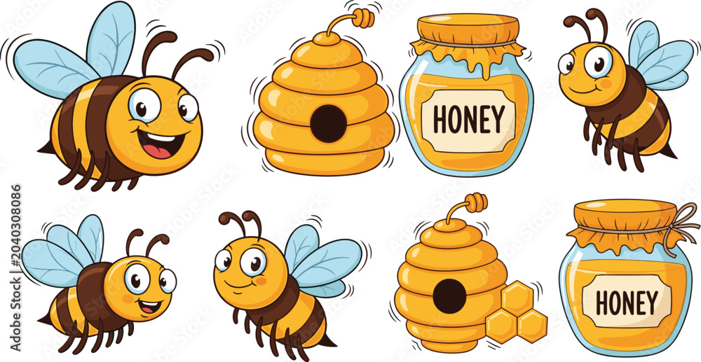 Fototapeta premium Set of cute honey bee characters with beehives and honey jars in cartoon vector style for organic food branding and children designs