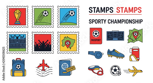 Obraz na plátně Collection of soccer themed postage stamps and championship related items