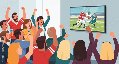 Excited group of friends watching American football game on television.