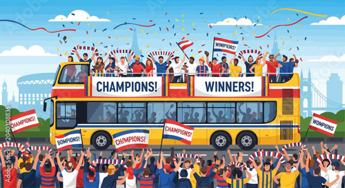 Photos Double-decker bus parade with cheering champions and winners.