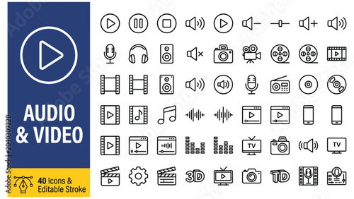 Audio and Video web icons in line style. Cinema, speaker, online, picture, play button, music, collection. Editable stroke. Vector illustration.
