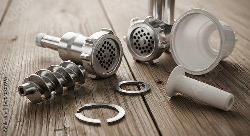 Disassembled parts of a kitchen meat grinder, including metallic auger, blades, and plastic housing, laid out on a wooden table for maintenance or cleaning