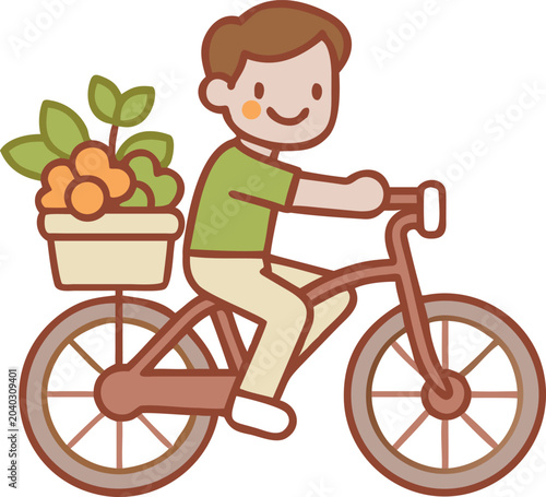 A cute cartoon boy riding a bicycle with a basket full of fresh fruits
