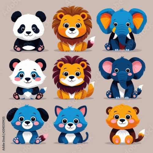 Colorful cartoon stuffed animals set