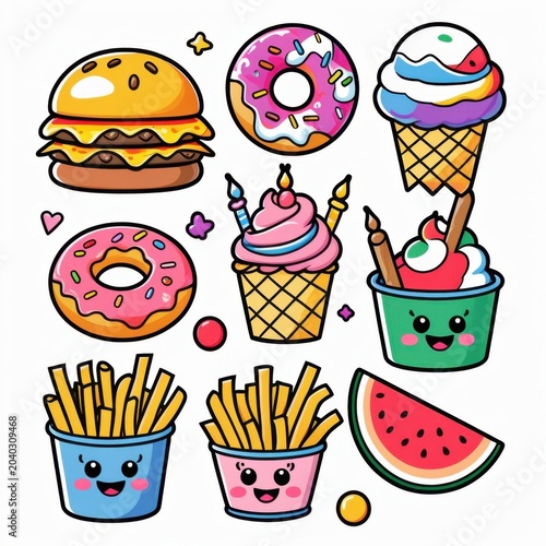 Colorful cartoon food set with happy faces