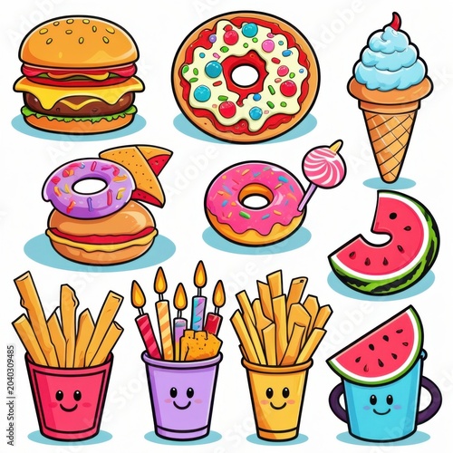 Colorful cartoon food and drinks set