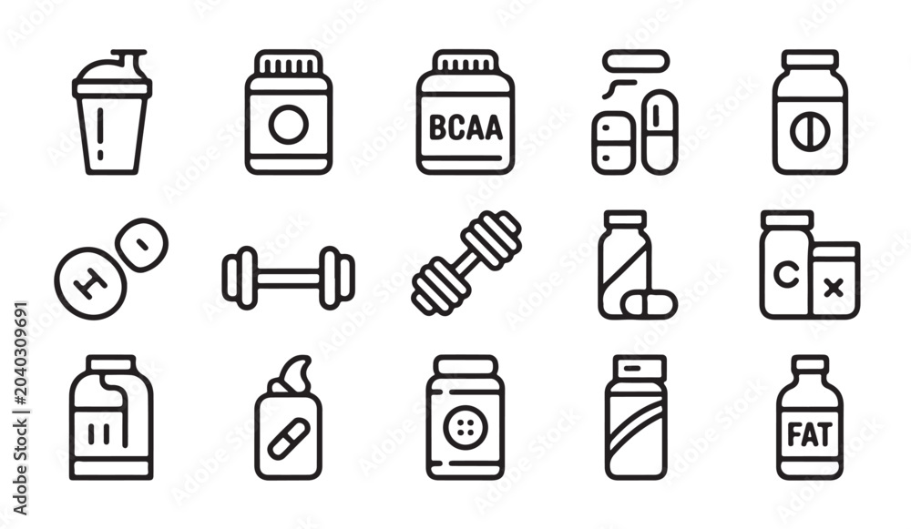 Fototapeta premium Nutrition supplement thin line icon set. sport drink, protein powder, bcaa, gainer, creatine.
