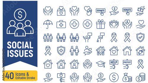 Social Issues web icons in line style. Racial justice, climate, mental health, poverty, deforestation, poverty, refugee, economic crisis, food insecurity, collection. Editable stroke. Vector
