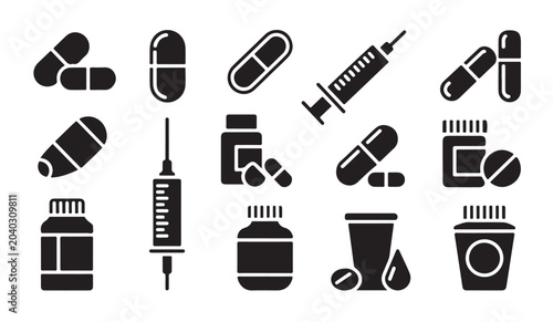 Bild auf Leinwand Medical collection with syringes pills and pharmacy bottles in flat black vector design