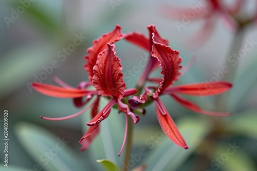 A single red flower with green leaves in the background