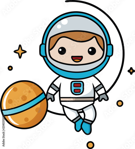 Cute cartoon astronaut floating in space with a planet and stars