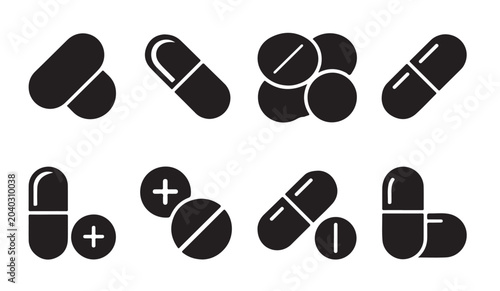 Foto Medical pill and capsule solid icon set including antibiotic painkiller and drug silhouettes